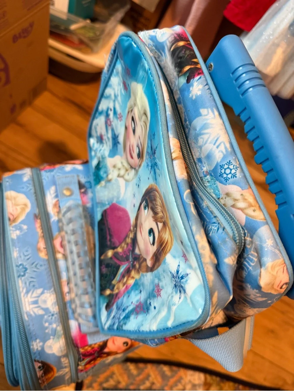 Disney Frozen Light Blue and Pink Character Rolling Backpack and Lunchbox Set